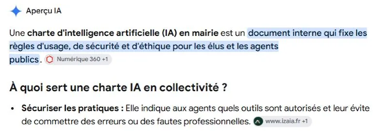 Capture de la recherche Google « charte ia mairie » du 13 octobre 2026 : izaia.fr en source de l'aperçu IA