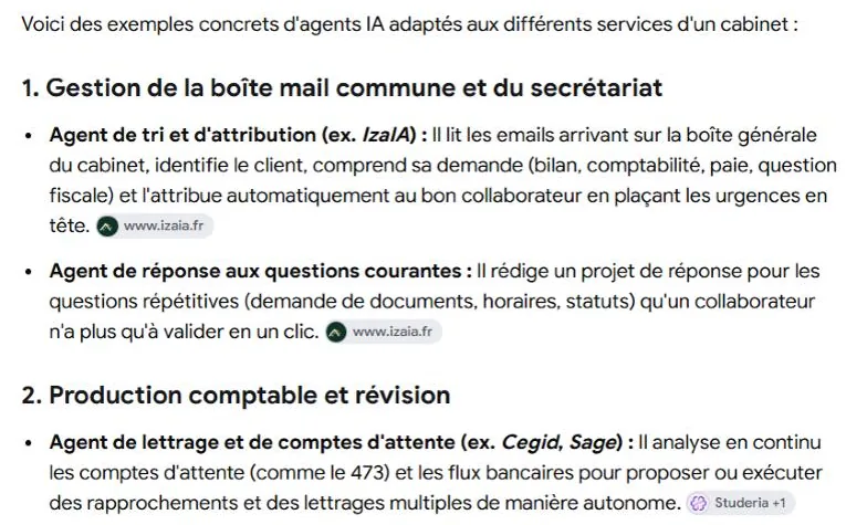 Capture de la recherche Google « exemples d'agents IA pour expert-comptable » du 13 octobre 2026 : IzaIA donné en exemple, à côté de Cegid et de Sage