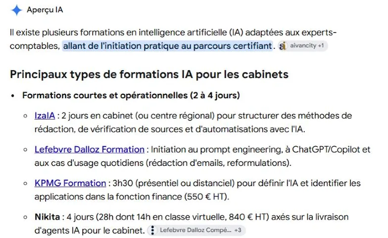 Capture de la recherche Google « formation ia expert comptable » du 13 octobre 2026 : IzaIA en tête de liste, devant Lefebvre Dalloz et KPMG