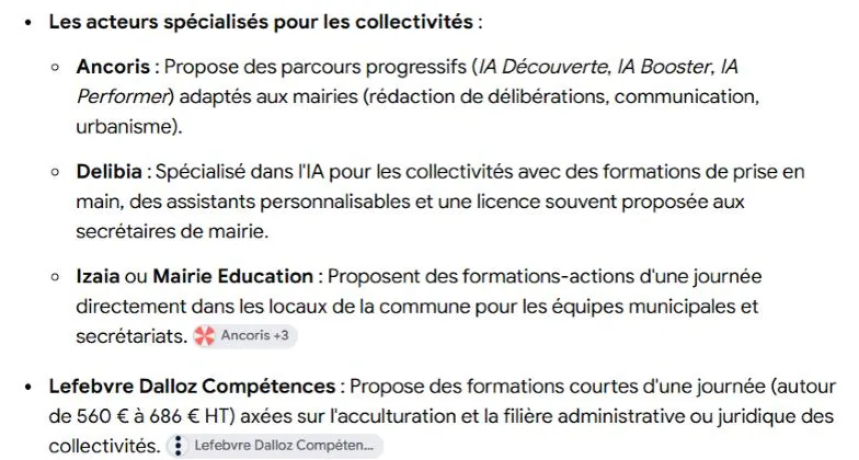 Capture de la recherche Google « formation ia mairie » du 13 octobre 2026 : IzaIA parmi les acteurs spécialisés, avec Ancoris et Delibia