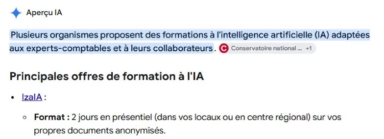 Capture de la recherche Google « formation IA pour experts-comptables » du 13 octobre 2026 : IzaIA, première offre citée