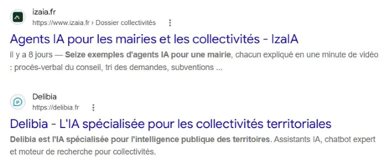 Capture de la recherche Google « agent ia mairie » du 13 octobre 2026 : izaia.fr en premier résultat